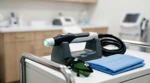 Tedavi arabasında yuvasında duran modern fraksiyonel lazer cihazı başlığı, koruyucu gözlük ve steril örtü, yüksek teknolojili klinik