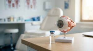 Klinik masasında anatomik göz modeli yanında etiketsiz botulinum toksin flakonu, pencereden yumuşak gün ışığı, sakin dermatoloji odası