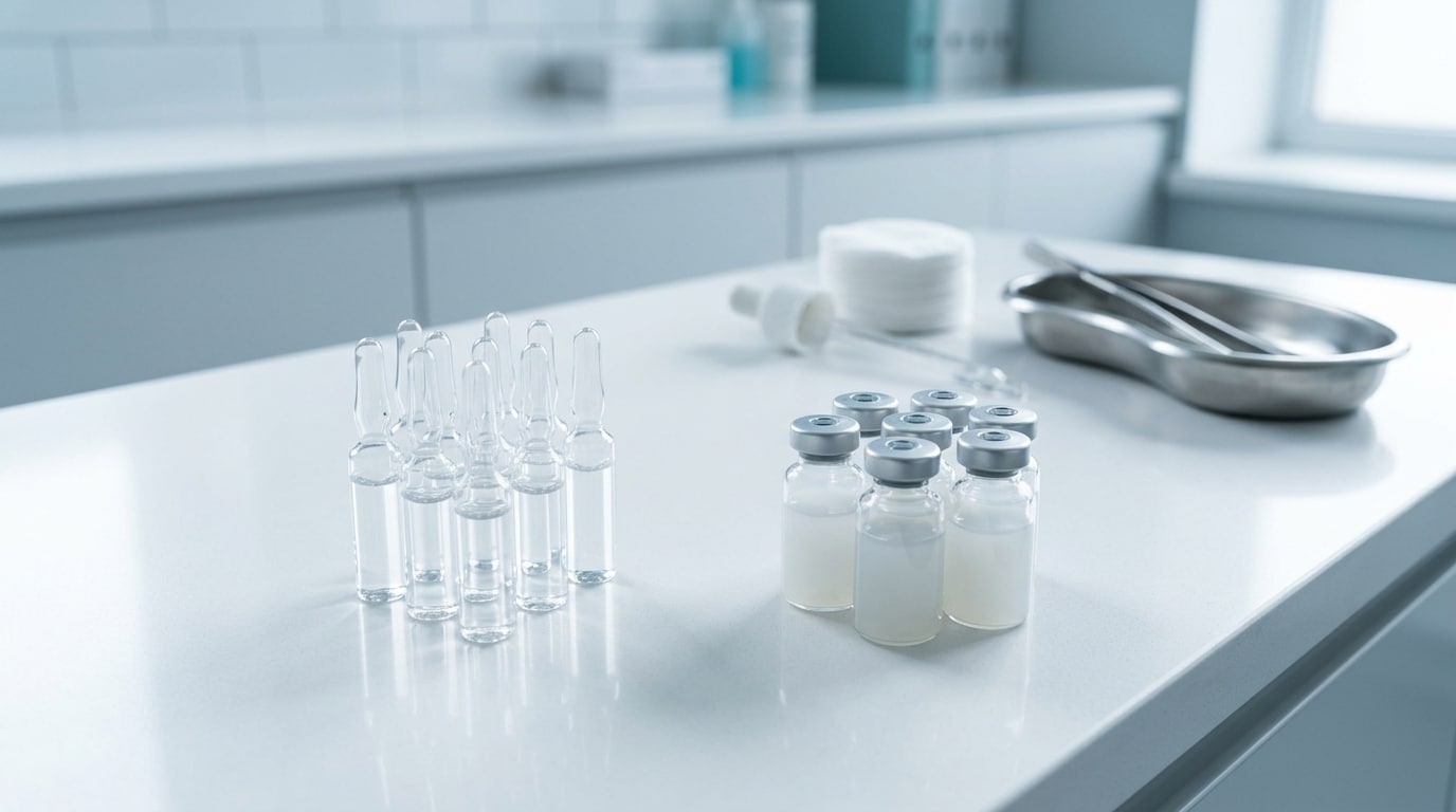Klinik masasında anatomik kafa modeli yanında etiketsiz botulinum toksin flakonu ve kapaklı ince enjektör, dermatoloji odası