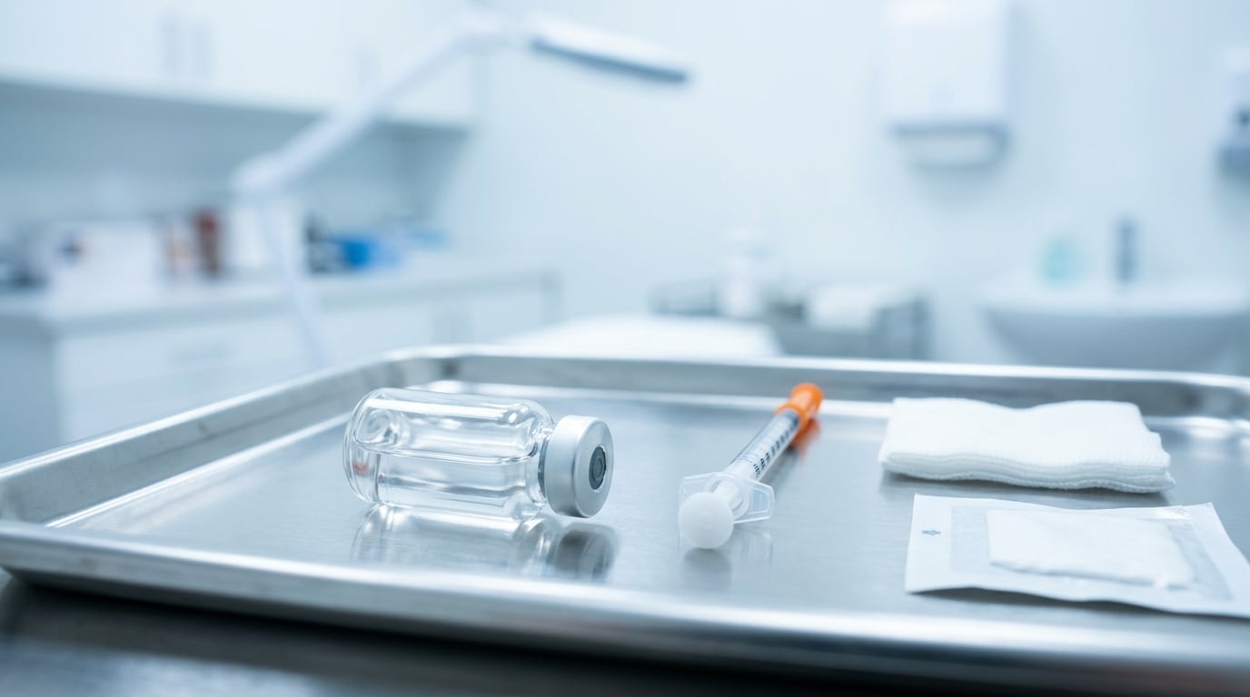 Steril tepside kapaklı ince enjektör yanında etiketsiz botulinum toksin flakonu, modern dermatoloji odası arka planı