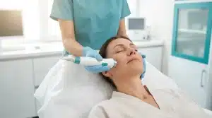 Altın iğne uygulaması yapılan hastanın yanak bölgesine radyofrekans mikroiğne başlığının uygulanması